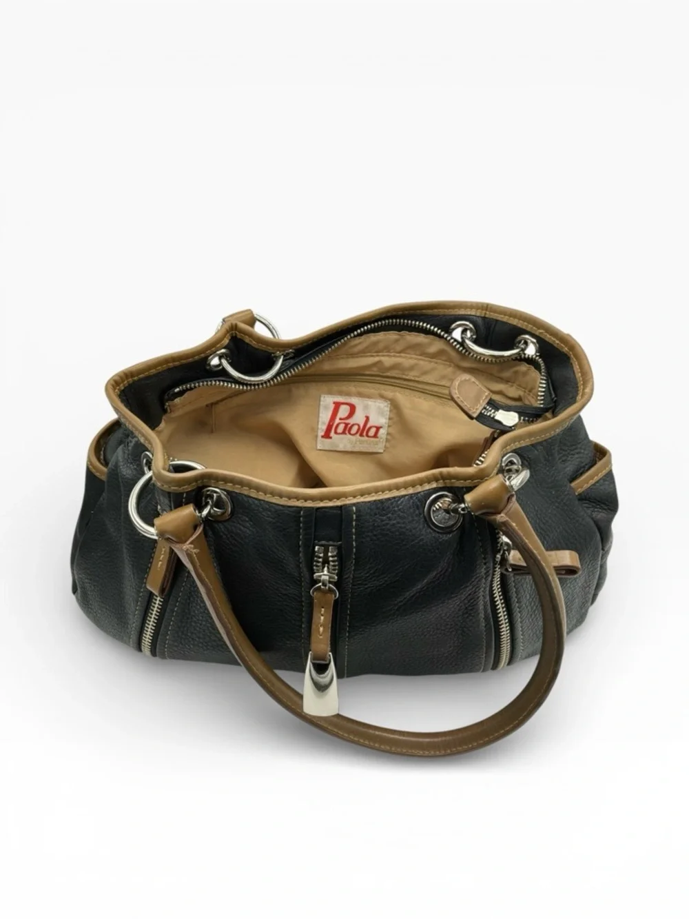 Dark brown with lighter brown trimmed Leather Satchel Handbag for Women